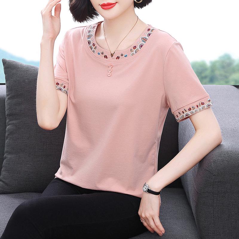 Вышитая летняя повседневная футболка с коротким рукавом для женщин среднего возраста