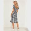 Женское платье весна-лето с разрезом, квадратным воротником и короткими рукавами в клетку