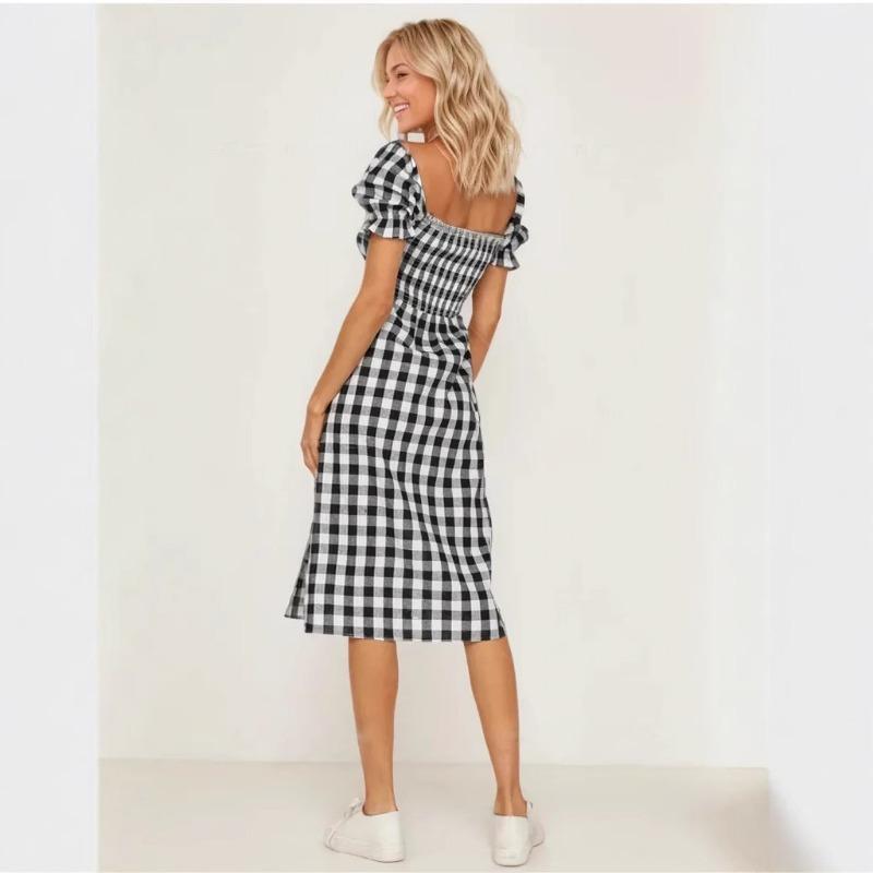 Женское платье весна-лето с разрезом, квадратным воротником и короткими рукавами в клетку