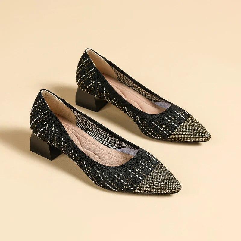 2024 осенняя женская обувь на высоком каблуке, модная трикотажная обувь с квадратным носком, толстый каблук с неглубоким носком, дышащие нескользящие женские туфли-лодочки