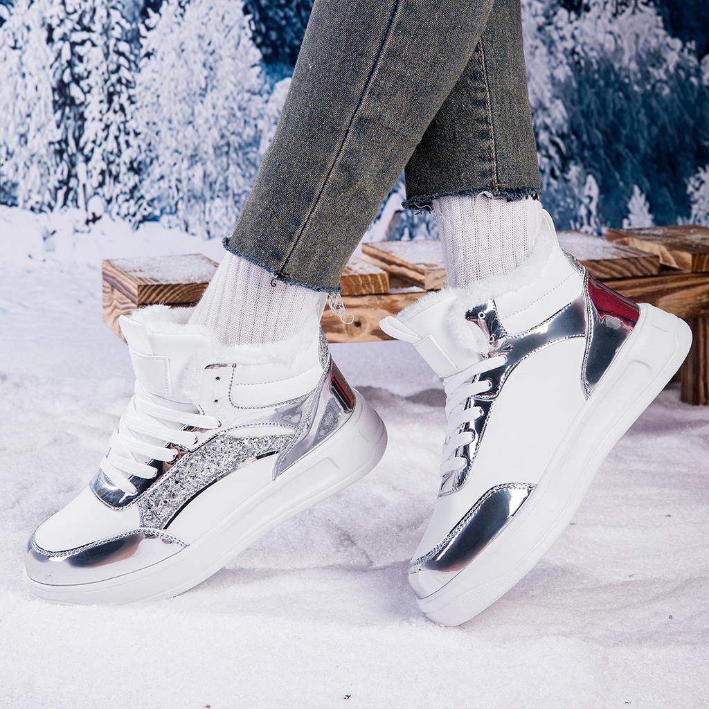 TUINANLE Winter Plush Shoes Women High Top Sneakers Lace Up Warm Bling Shoes