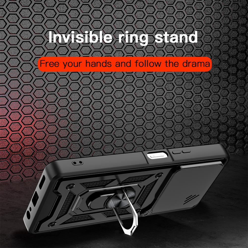 KEYSION Противоударный бронированный чехол для TECNO POVA 7 4G со сдвижной защитой объектива камеры, металлической кольцевой подставкой, задней крышкой для телефона для TECNO Pova7