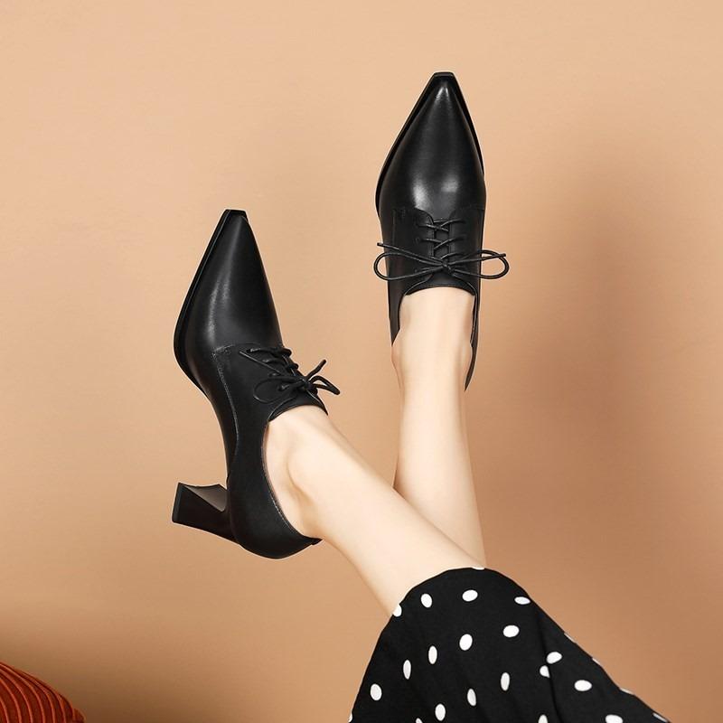 Autumn Winter High-quality Leather Women's Shoes Pointed Toe Women's High Heels Women's Lace-up Deep-mouth Strap-on Single Shoes