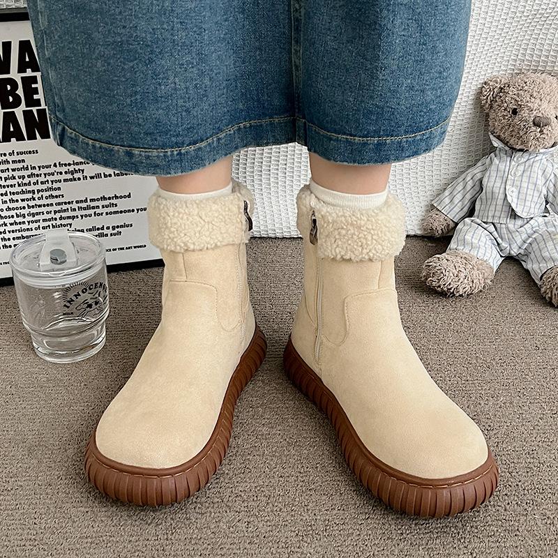 Women's Plush Mouth Large Size Thick Bottom Heightening Winter Warm Fur One Snow Boots Padded Lined Ankle Boots Non-slip Hiking Sneakers Cotton Boots