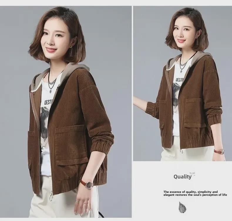 Женская вельветовая куртка с капюшоном и карманами — универсальная, легкая, для весны, осени и зимы