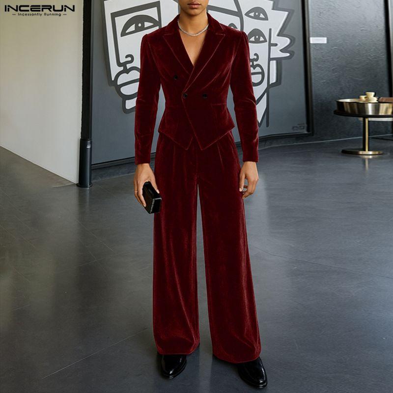INCERUN Зима Осень Мужской Пиджак из Бархата с Заостренными Лацканами и Длинными Рукавами, Длинные Брюки, Повседневные Наряды, Комплекты из Двух Предметов