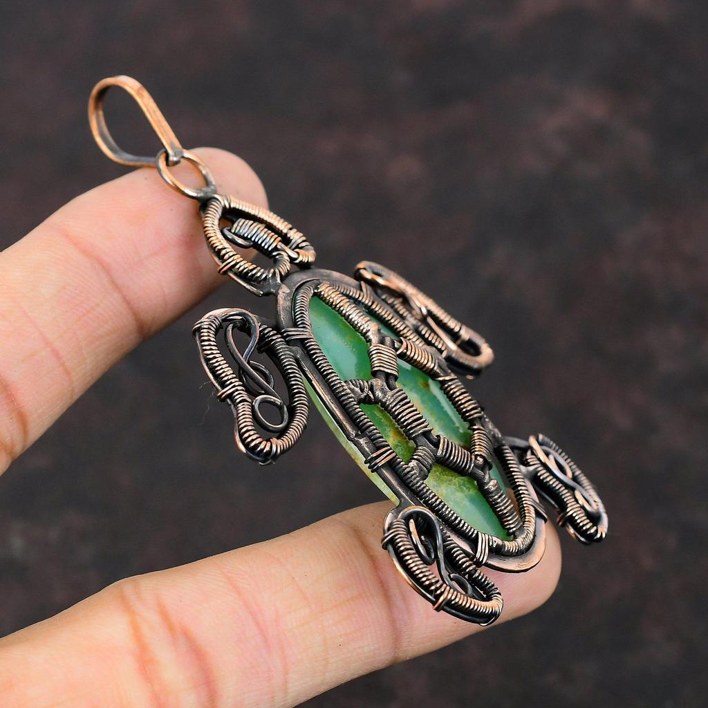 Кулон с хризопразом, медная проволока, кулон, кулон ручной работы, драгоценный камень, медные украшения, подвеска в виде черепахи, подарок для свадьбы, ювелирные изделия из проволочной обмотки