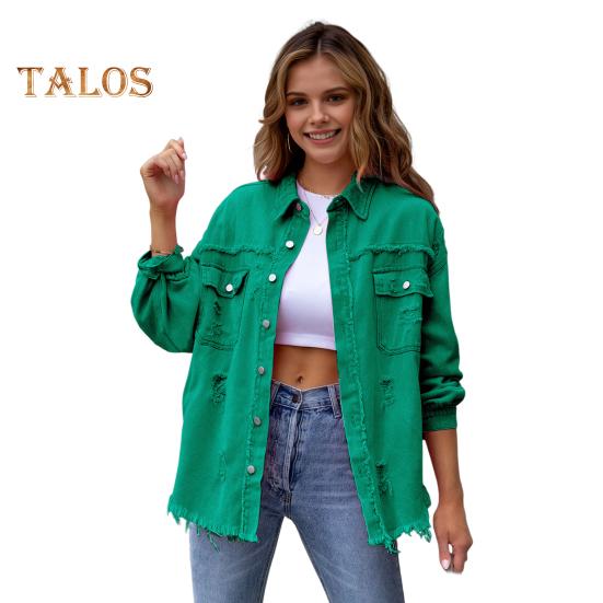 Женская джинсовая куртка в стиле ретро, однобортная, с рваными отверстиями, отложным воротником, длинными рукавами, однотонными карманами с клапанами, женское пальто для поездок на работу и шопинга