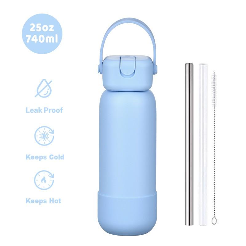 740ml Stainless Steel Vacuum Insulated Water Bottle With Carry Strap Leakproof Sport Cup Outdoor Hiking Gym Office Travel