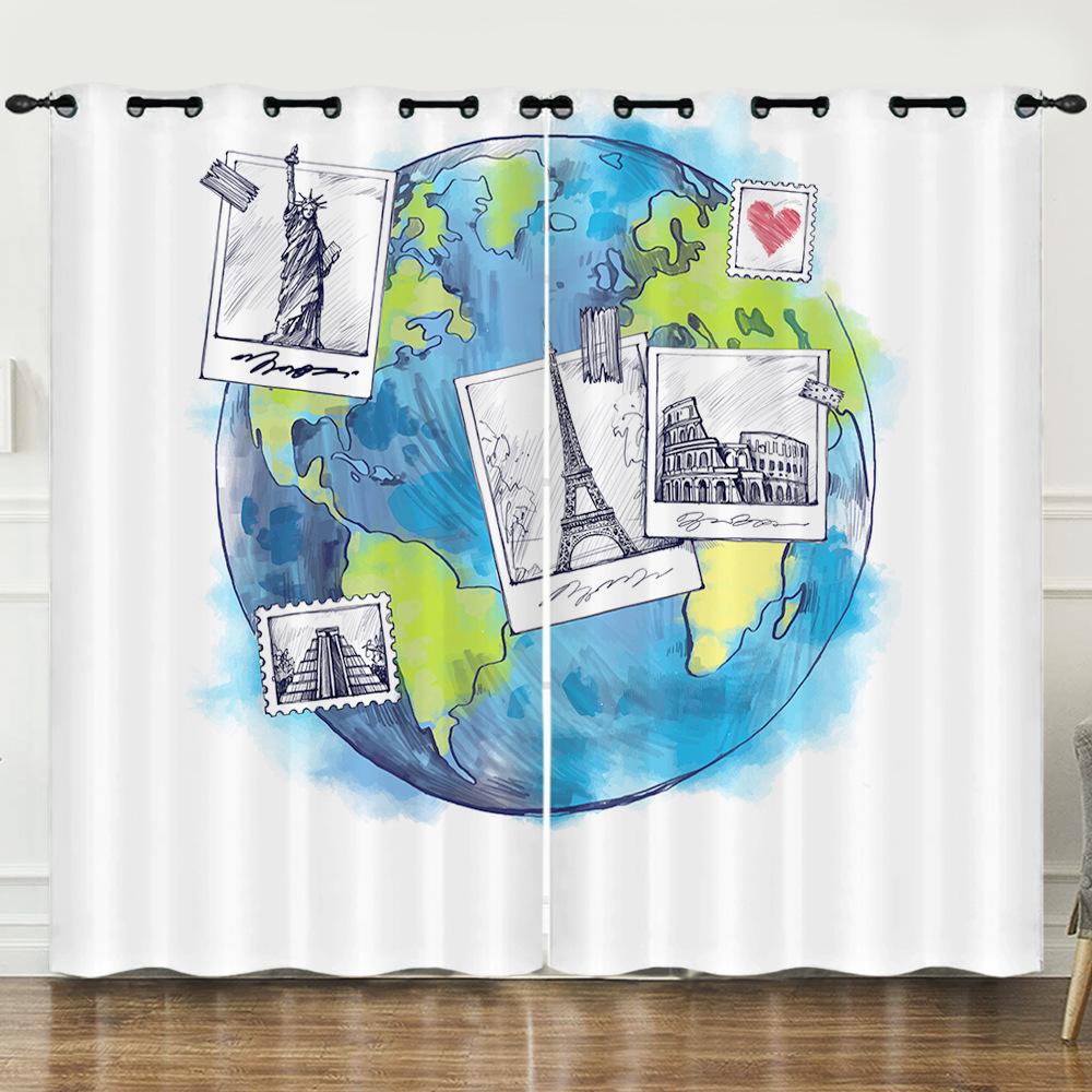 Curtain Hand-Drawn Map Simple Wind 3D Digital Printing Blackout Curtain Punching