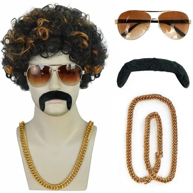 1 ожерелье + 1 очки + 1 шапочка для парика + 1 борода + синтетические короткие афро вьющиеся черные коричневые 80-е 70-е годы диско-рок мужской парик для косплея на Хэллоуин