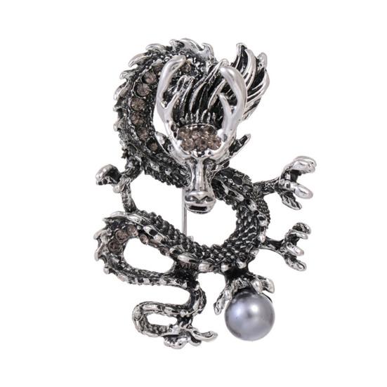 Chinese Style Brooch Men Enamel Dragon Shape Faux Pearl Pin Clothing Coat Badge Jewelry Party Accessories