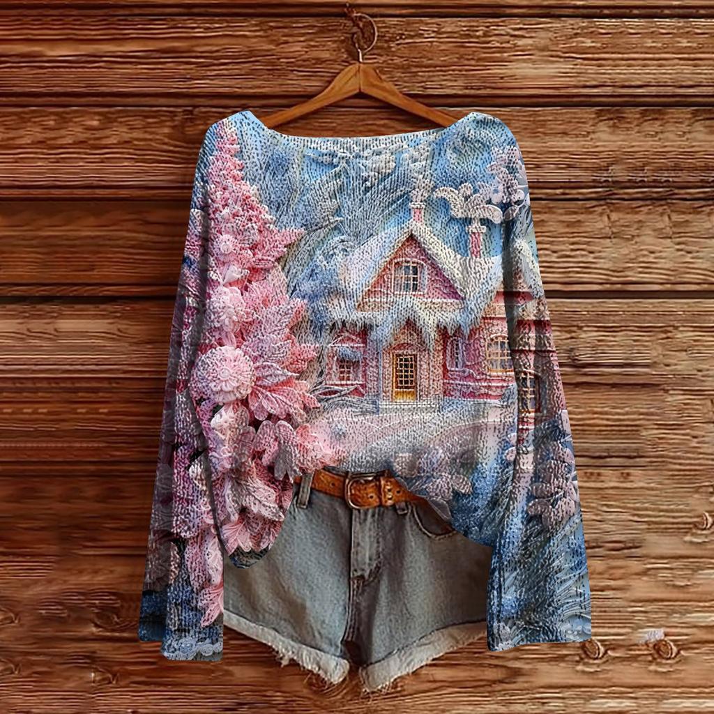 Women's Christmas Print Lightweight Sweater Casual Long Sleeve Knitted Pullover