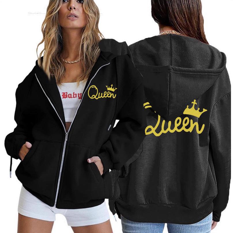 Queen Crown Print Women's Zipper Pocket Hoodie and Baseball Jacket.