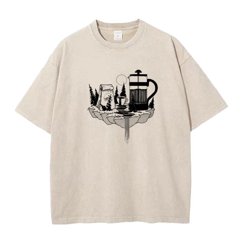 Forest Coffee O Neck Washed Retro T Shirts Christmas Casual Tops Tees Short Sleeve Family Pure Cotton Washed T Shirts Mens