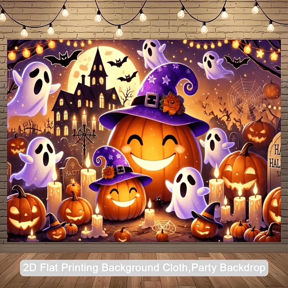 2D flag - Halloween-themed banner background, featuring smiling pumpkins, bats, dark night castle, and candle elements.P