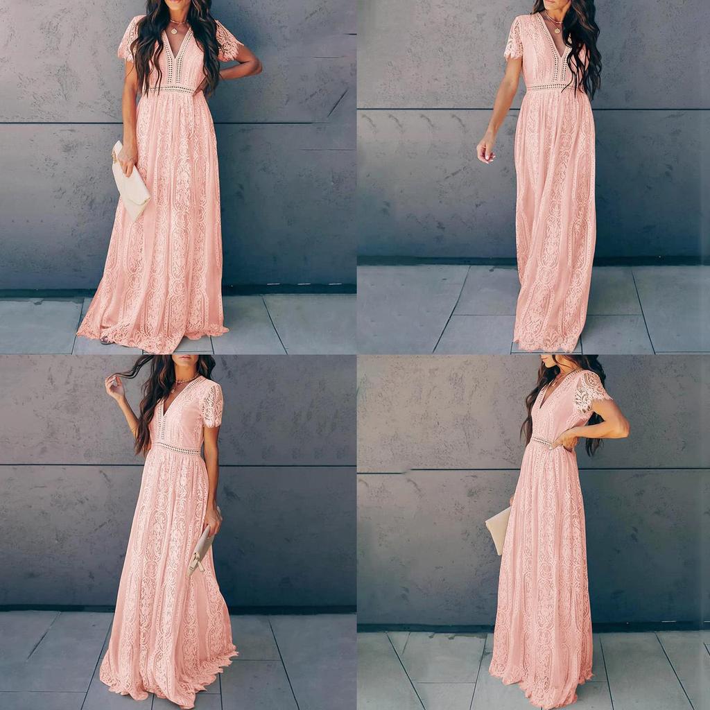 Платье с короткими рукавами и V-образным вырезом в европейском и американском стиле из кружева