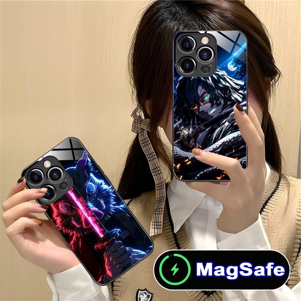 Demon Slayer Colored Neon Phone Case for iPhone 16 15 14 13 12 11 Pro Max Plus Mini MagSafe Wireless Charging Glass Phone Cover