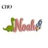 Dinosaur Door Sign Personalized Kids Name Rocket Wooden for Boys Fun Decor Custom Nursery Hanging Wall Bedroom Playroom Soft Color