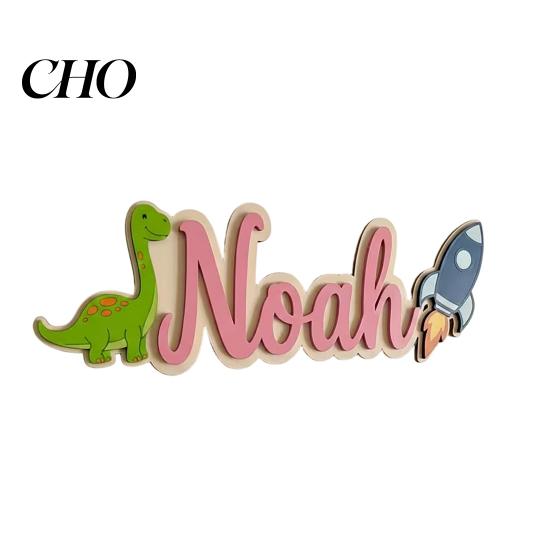 Dinosaur Door Sign Personalized Kids Name Rocket Wooden for Boys Fun Decor Custom Nursery Hanging Wall Bedroom Playroom Soft Color