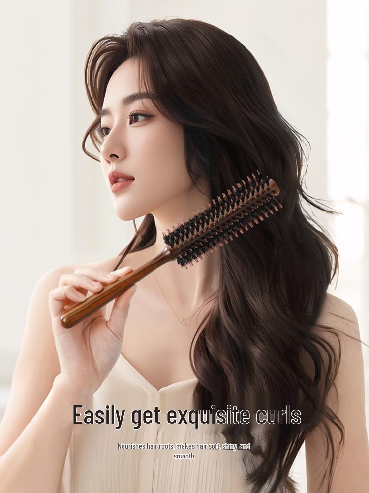 2025 Wooden Boar Bristle Anti-Static Curling Comb for Women's Long Hair - Round Barrel Hair Styling Roller