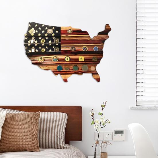 Challenge Coin Display Stand Wooden American Flag USA Map Shape Coin
