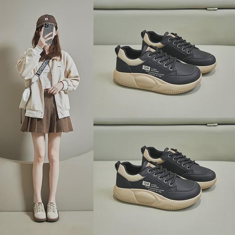 Женские белые кроссовки для бега в корейском стиле, весна 2025 г., повседневные кроссовки на толстой подошве XQ5801