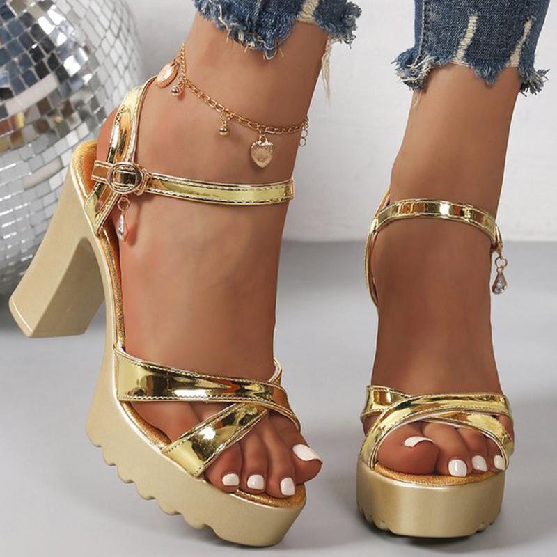 Мода Лето Роскошный Ремешок с Бриллиантовой Пряжкой Женские Туфли-Лодочки Квадратный Каблук Однотонные Туфли Женская Мода ПУ Платформа Высокий Каблук Женские