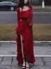 Open Fork Elegant Long Sleeve Midi Dress Female Red Square Collar Ruffle Party Dresses Lady New Year Irregular One Piece Dress 2024