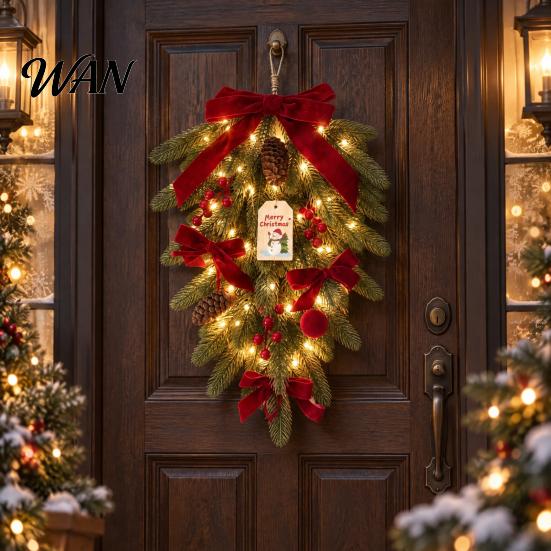 Christmas Teardrop Swag with LED Lights, Artificial PE Pine Hanging Decoration Reusable Gift for Friends Red Bow Pinecones Berries Front Door