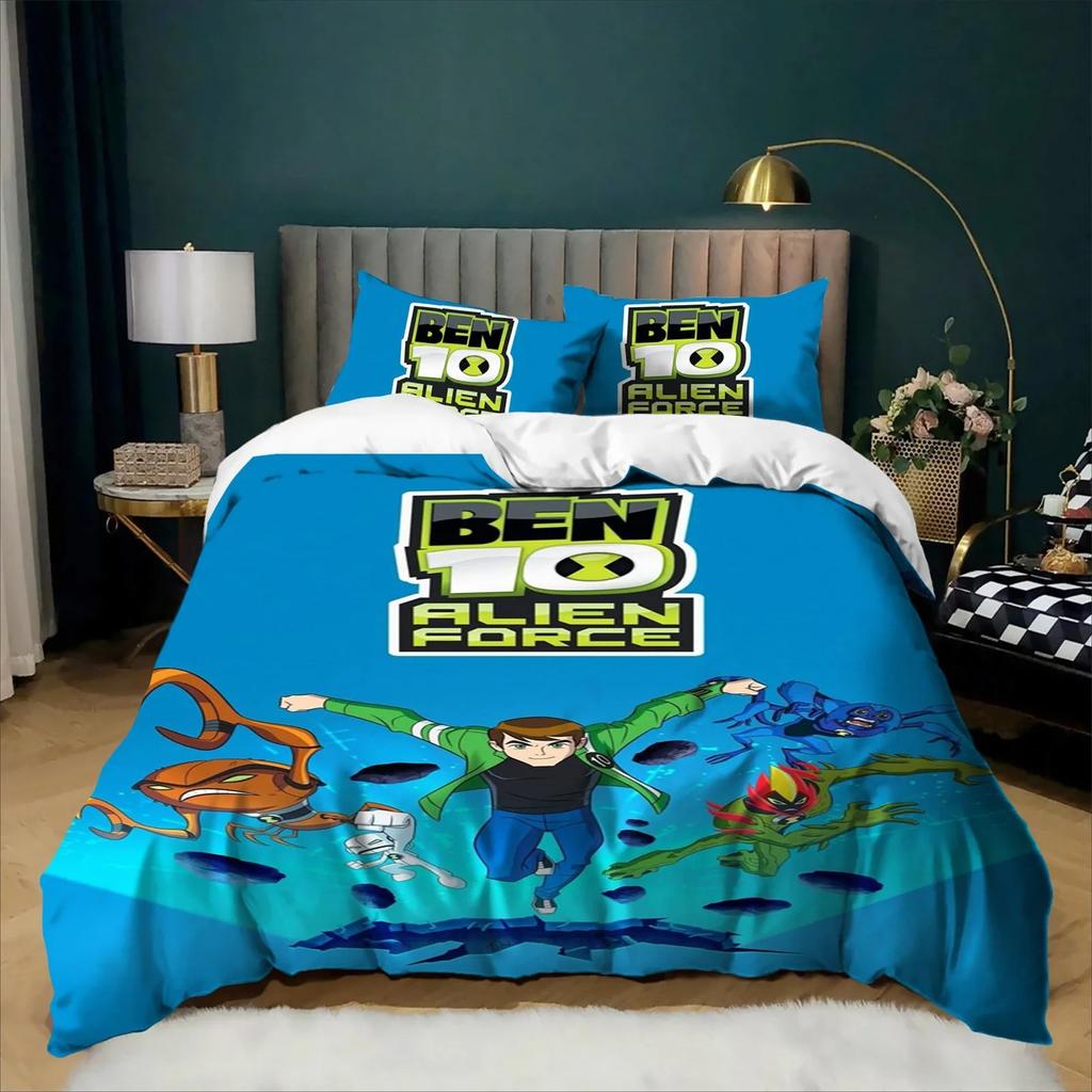 Kids Fashion Ben 10 Duvet Cover Set for Boys And Girls Bedroom Decoration 2/3 Piece Queen Size Bedding with PillowcaseLarge Size