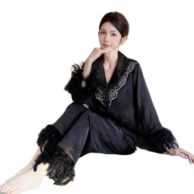 New pajamas women's jacquard ice silk long-sleeved trousers set high-end ethnic style loose hot diamond spring, summer and autumn loungewear