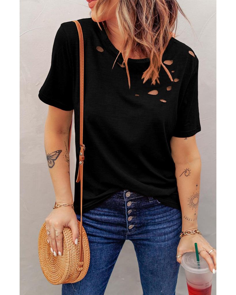 Azura Exchange Футболка из смешанного хлопка с круглым вырезом и дырками