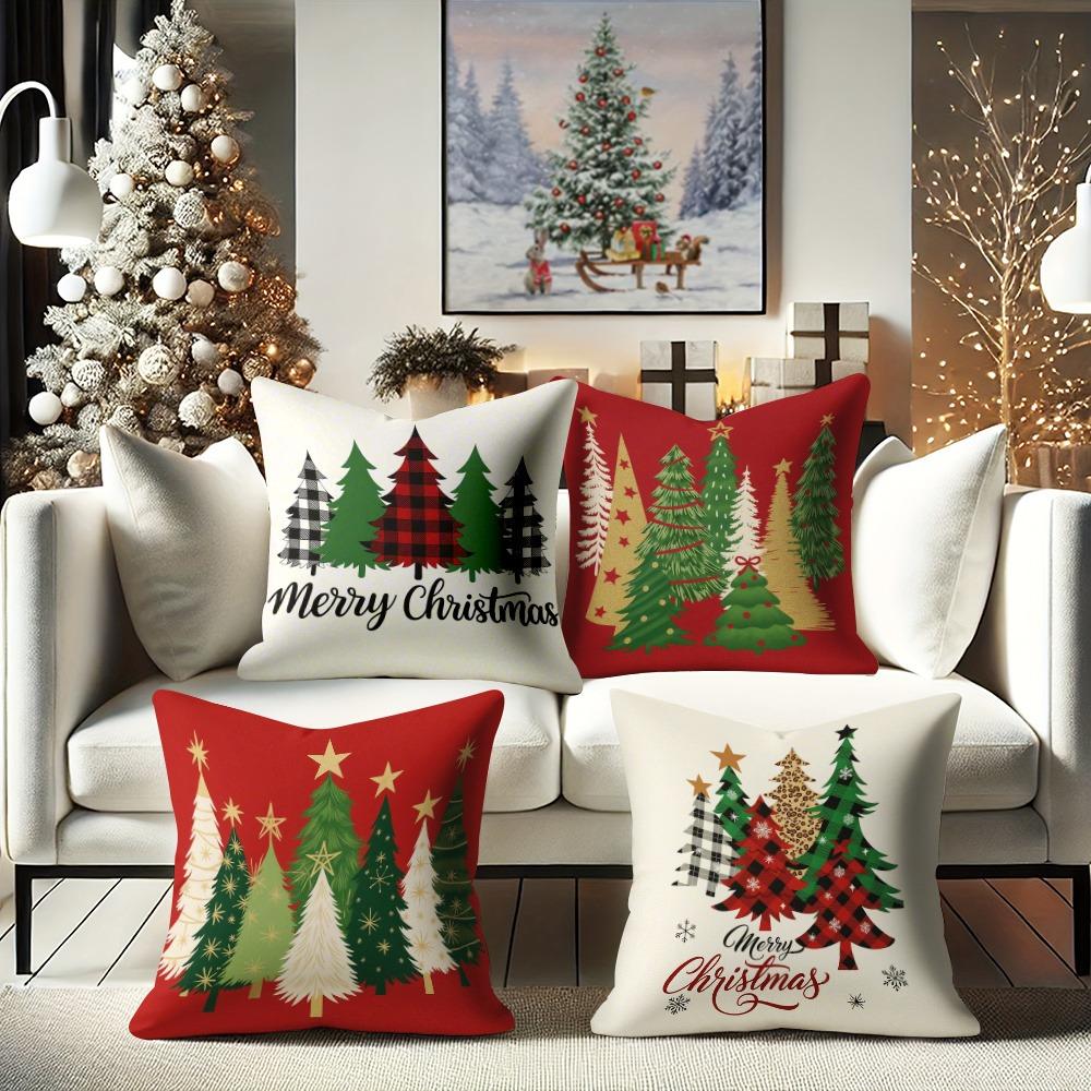 Red Background, Green and Gold Christmas Tree and Lattice Tree, Christmas Pillowcase, Super Eye-catching 2d Graphic Printing