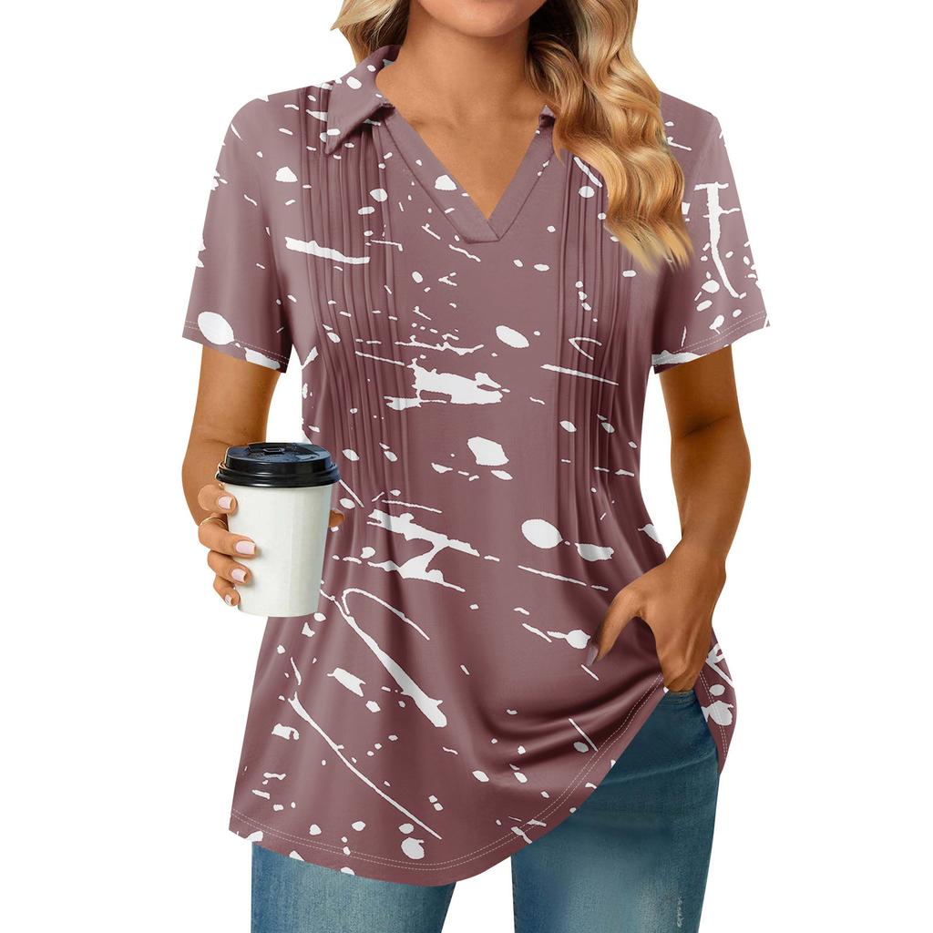 Женские футболки с коротким рукавом, плиссированные, с V-образным вырезом, с принтом, с воротником, летние топы, модные, деловые, повседневные, рабочие