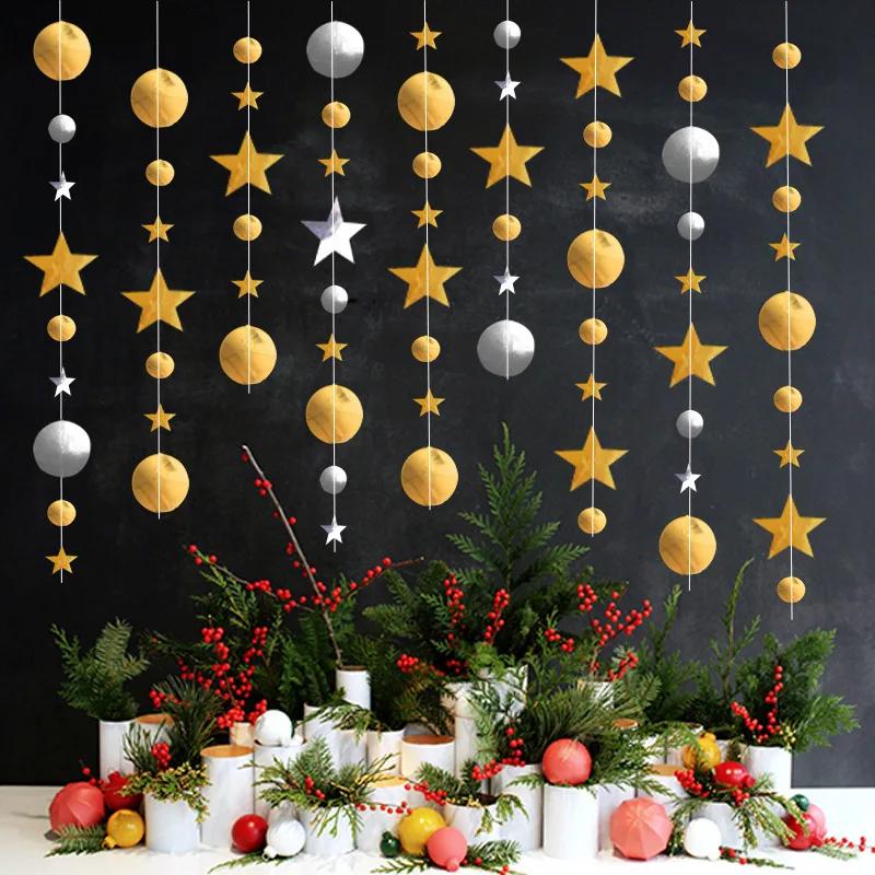 Christmas Pendant Double Mirror Gold Star Garlands Merry Christmas Party Drop Ornaments Happy New Year 2025 Party Decor For Home