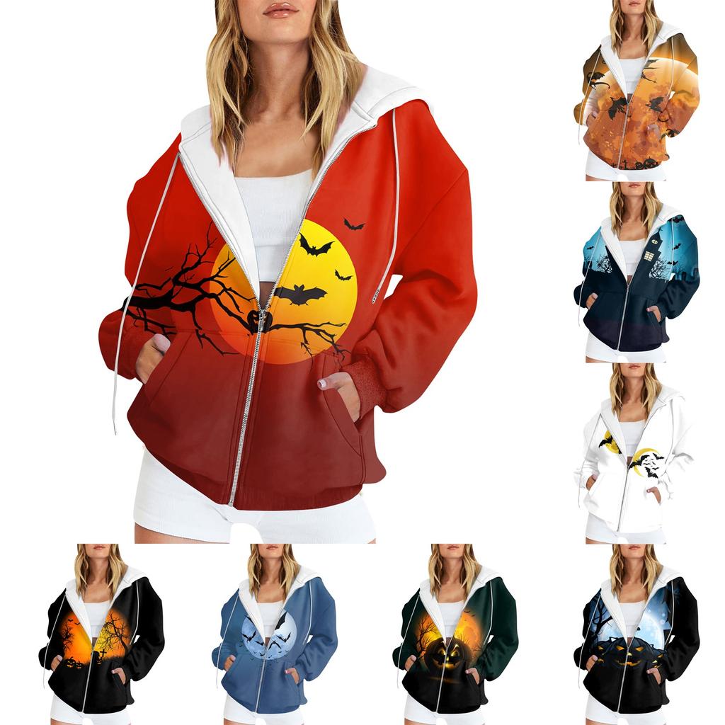 Women's Fashion Casual Halloween Printed Sweatshirt Autumn Winter Long Sleeve Cardigan With Pockets Zipper Hoodie Jacket