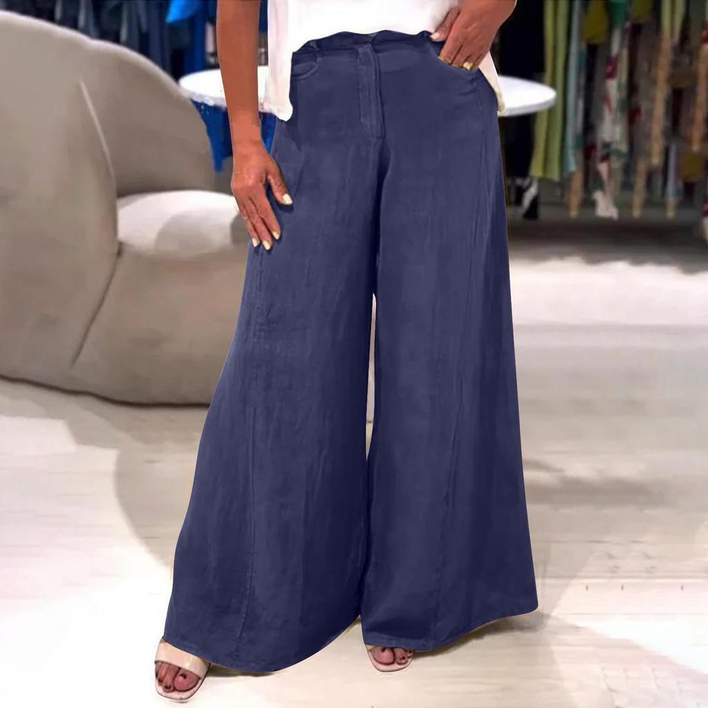 Ladies' Fashionable Loose Solid Color Casual Wide Leg Pocket Straight Leg Pants