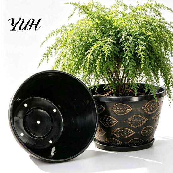 Outdoor Planters with Drainage 11 Inch Flower Pots, Leaf Embossed Plastic Hole, Retro Round Planter Indoor Plant Pot for Balcony Patio Porch