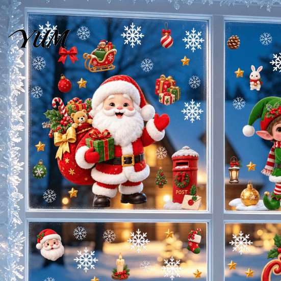 Outdoor Festive Glass Decorations Christmas Window Cling, PVC Waterproof Santa Claus/ Elf Snowman/Elk/House Stickers, Reusable Seasonal Home Ornaments