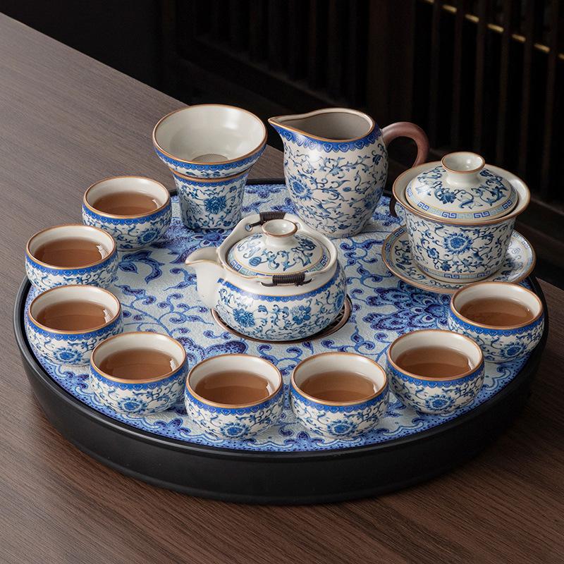 New Ru Kiln Ceramic Kung Fu Tea Set, a Complete Set of Tea Table, Home Office Guest Teapot, Tea Cup Drinking Set