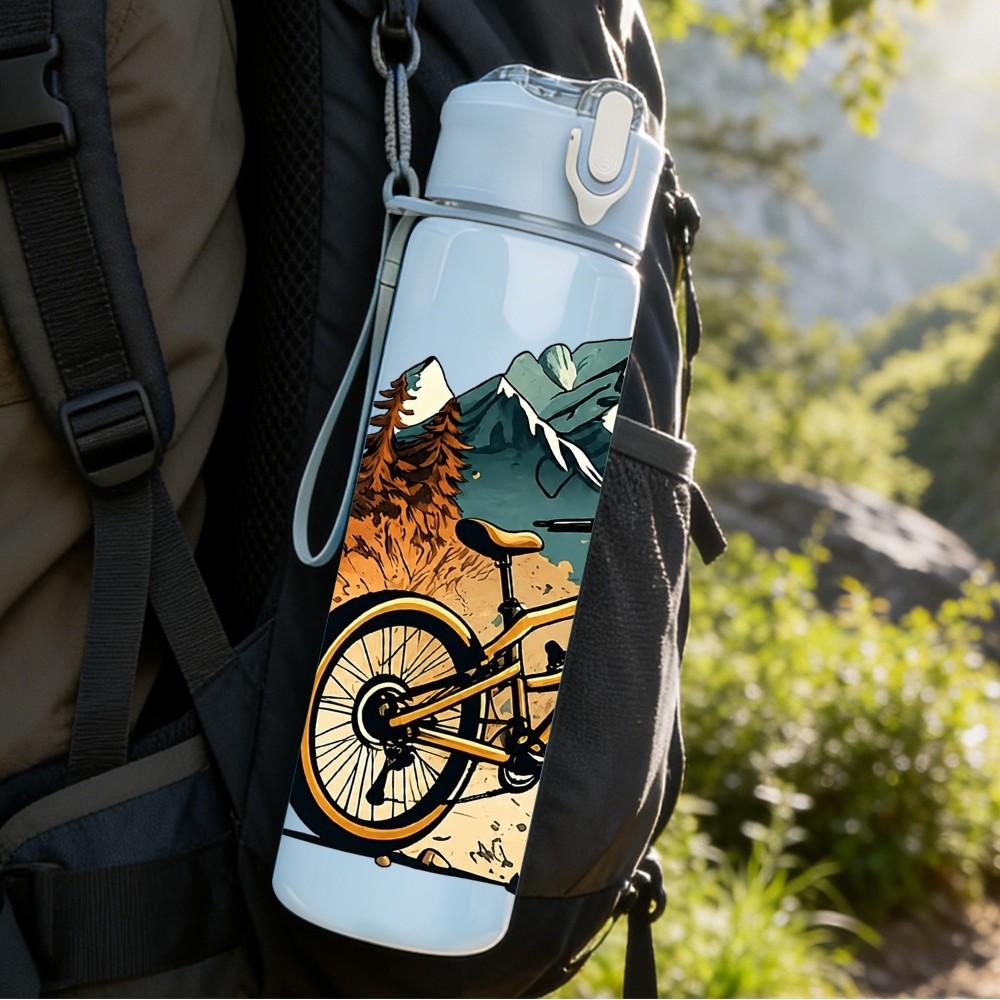 1PC Mountain Bicycle Nature Scene 750ml Color Plastic Sports Water Bottle Leakproof Flip Straw Lid Suitable for Sports Office Home Use