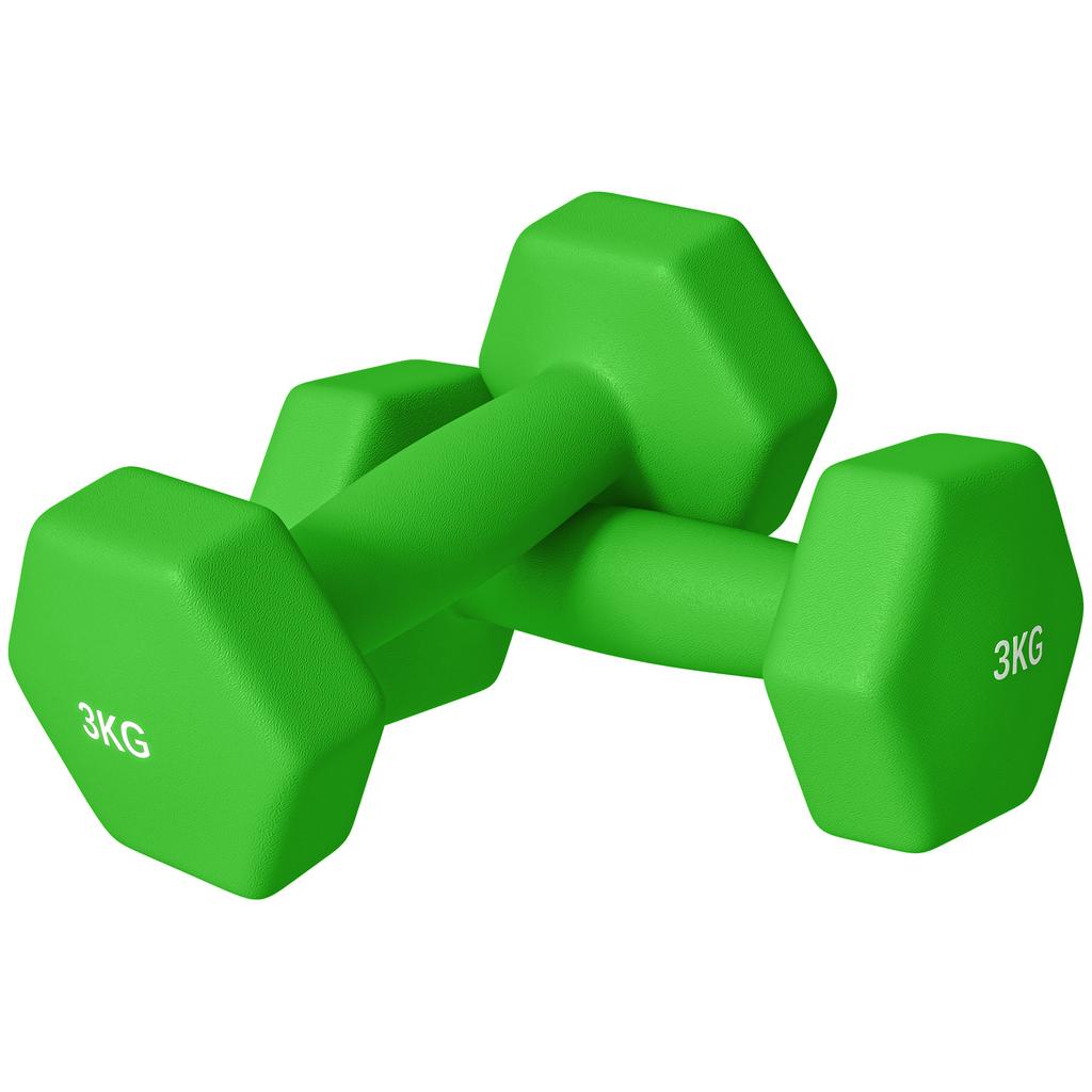 Set of 2 Dumbbells 3 kg Hexagonal and Non-Slip for Home and Gym, in Metal and Plastic, 18x8x8 cm, Green