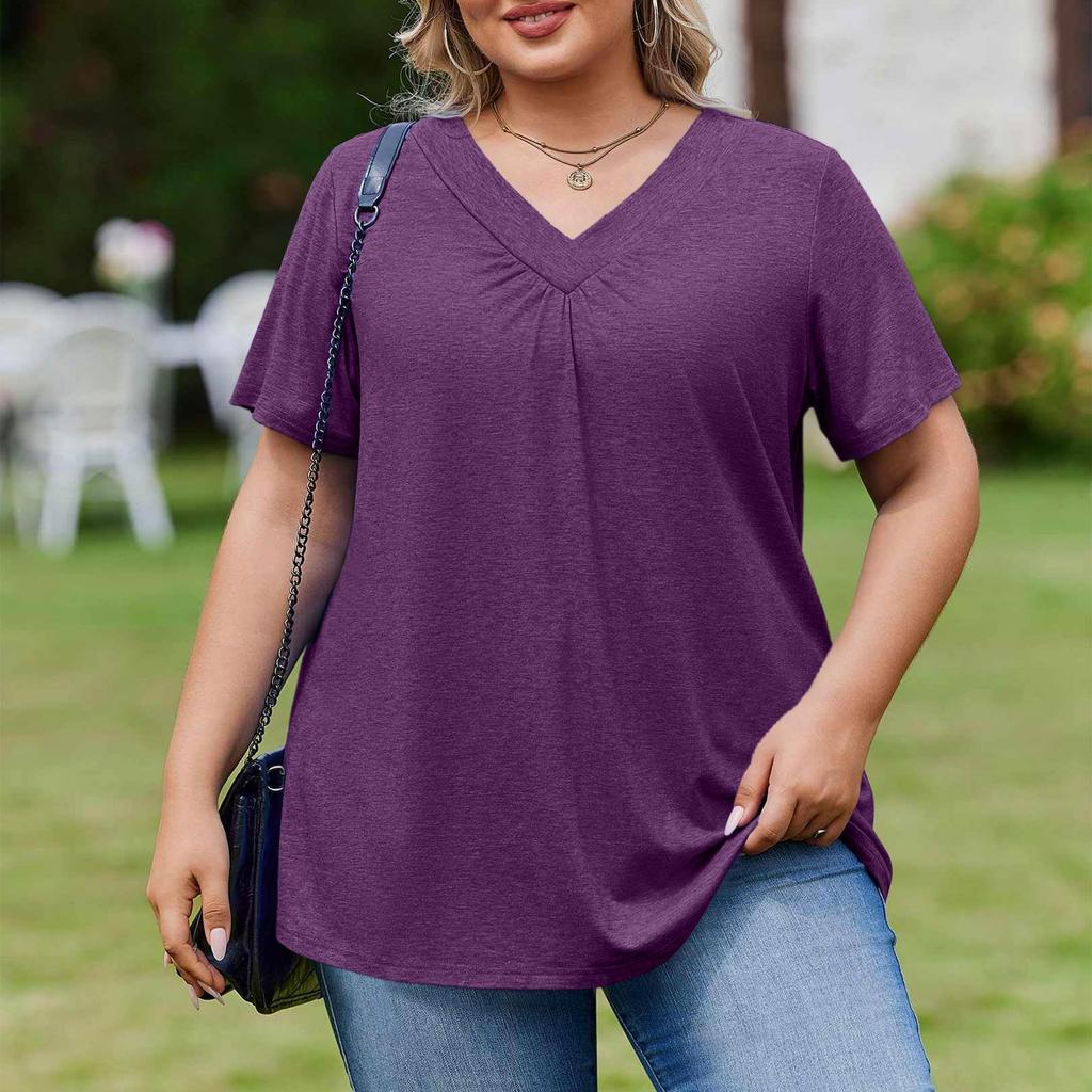 Женская модная повседневная свободная блузка большого размера с коротким рукавом, элегантная с V-образным вырезом, для работы
