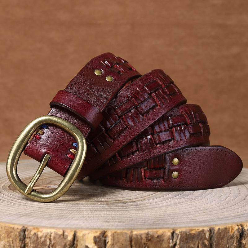 New First-Layer Cowhide Hand-Woven Belt Men'S Leather Pin Buckle Retro Trend Personalized Woven Jeans Belt