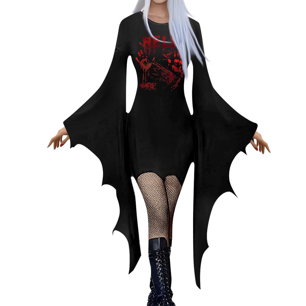 Женская мода готический панк летучая мышь рукава Хэллоуин принт нестандартное вечернее платье