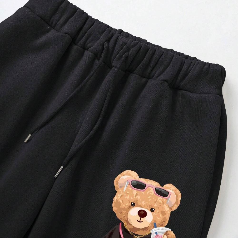 Carton Pattern Bear Printing Casual Basic Women Britches, Loose Fashion Trousers With Drawstring Pockets Sweatpants Female New