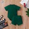 2Pcs Unisex Baby Summer Outfits, Solid Color Ribbed Stand Collar Short Sleeves Romper + Elastic Waist Shorts for Toddler