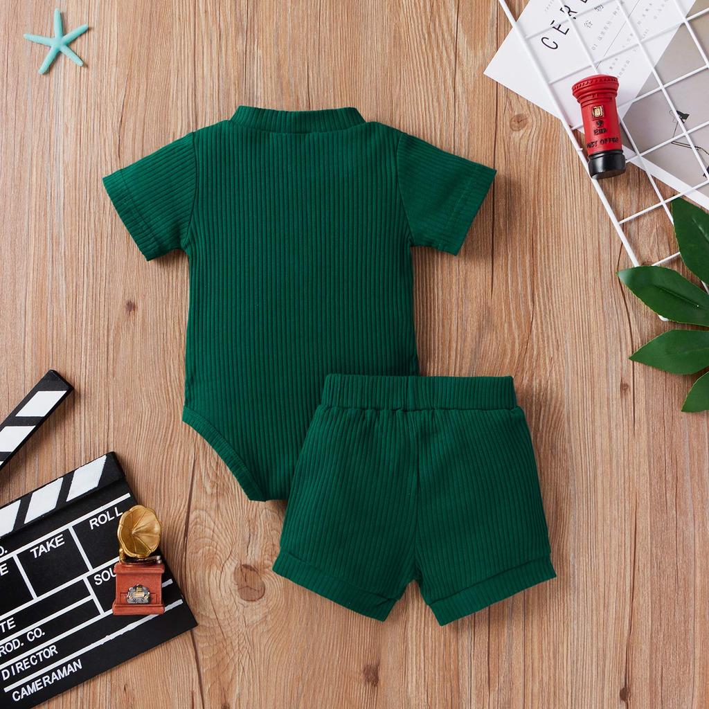 2Pcs Unisex Baby Summer Outfits, Solid Color Ribbed Stand Collar Short Sleeves Romper + Elastic Waist Shorts for Toddler