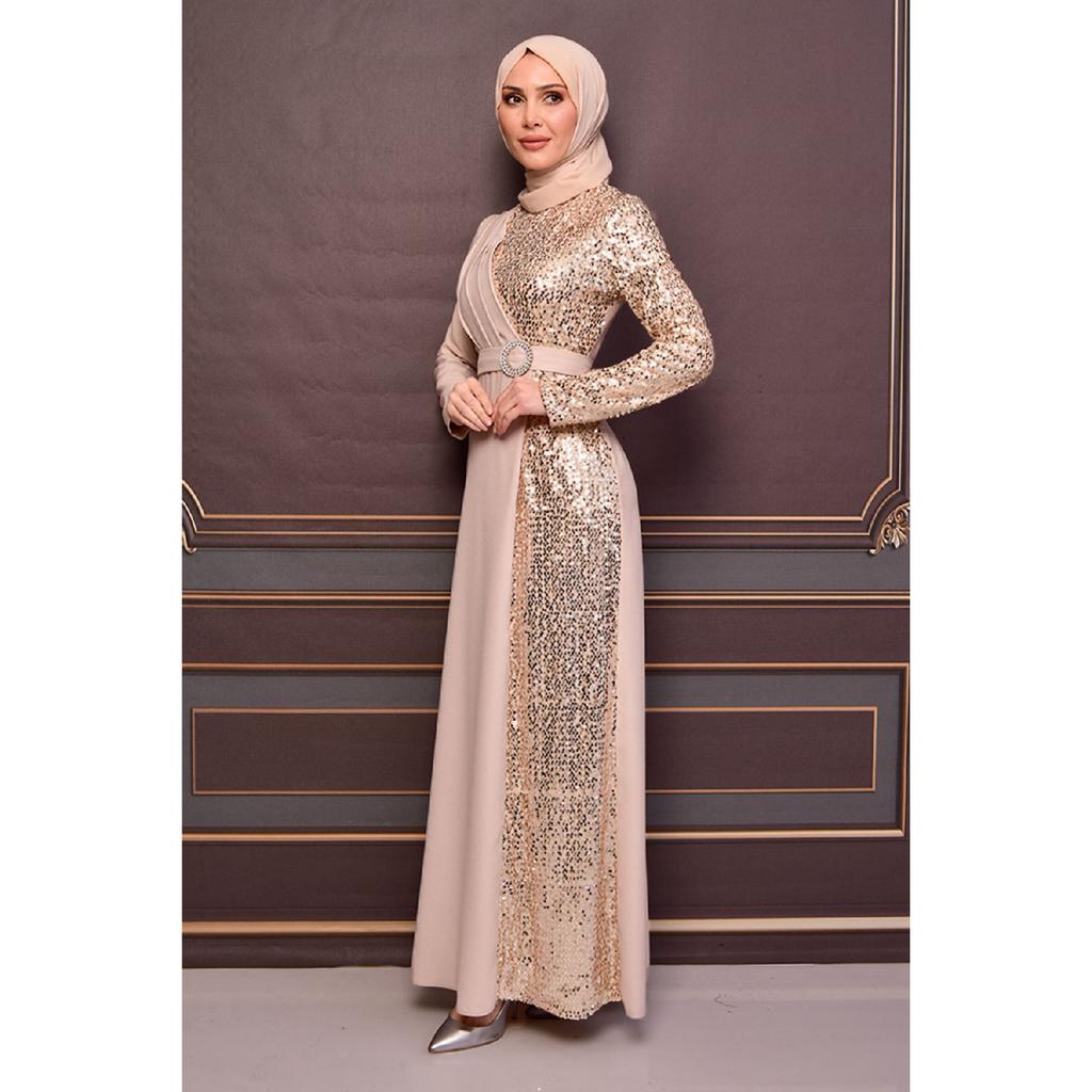 Женская одежда, вечернее платье, модное длинное вечернее платье из крепа с блестками и поясом, хиджаб 2516